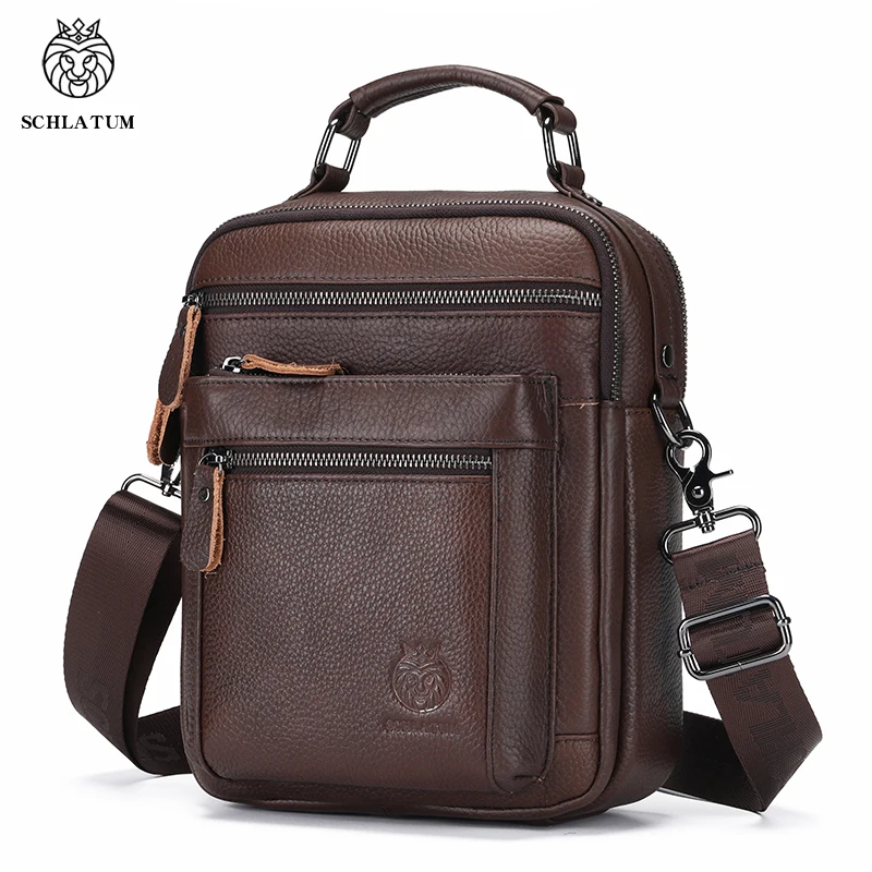 SCHLATUM 100%Genuine leather men vintage handbags big zipper mens shoulder bag casual office messenger bag fashion crossbody bag