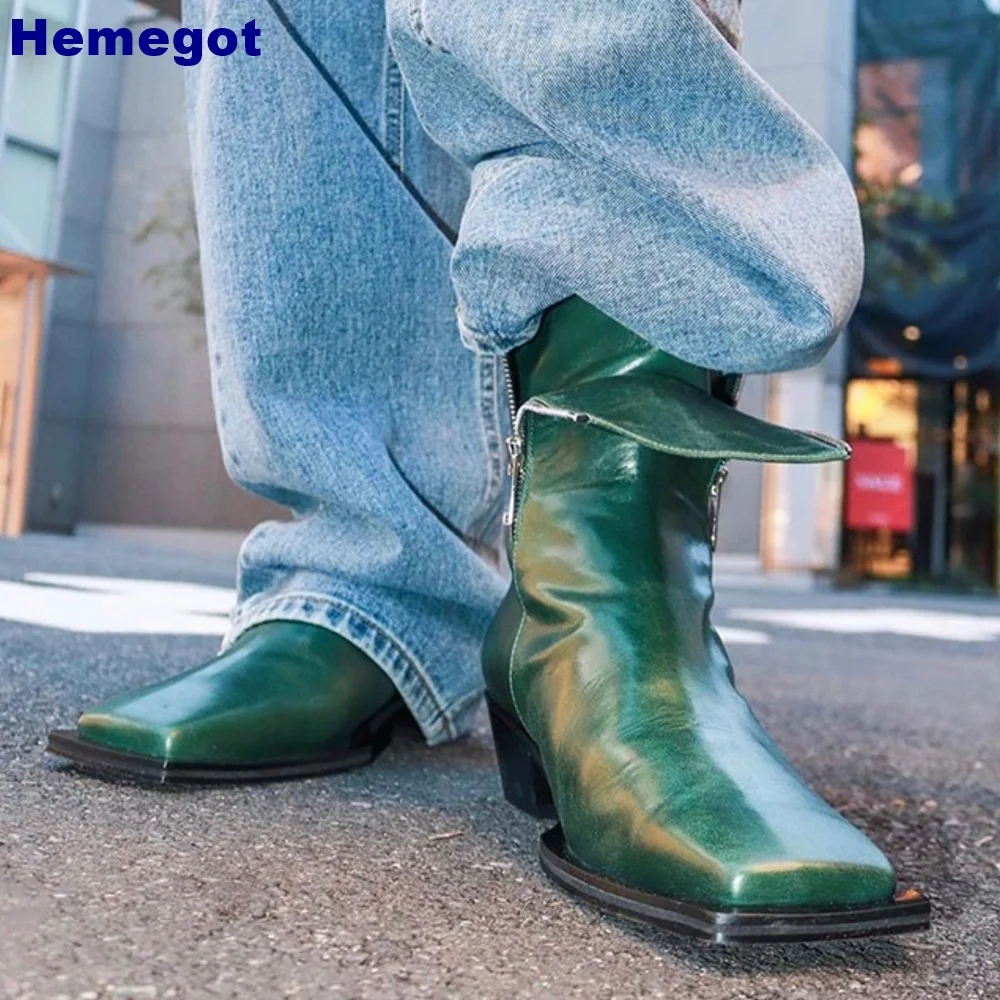 Square Toe British Style Short Boots Solid Color Thick Heel Zipper Casual Boots 2024 Spring New Green/Black Fashion Women Boots