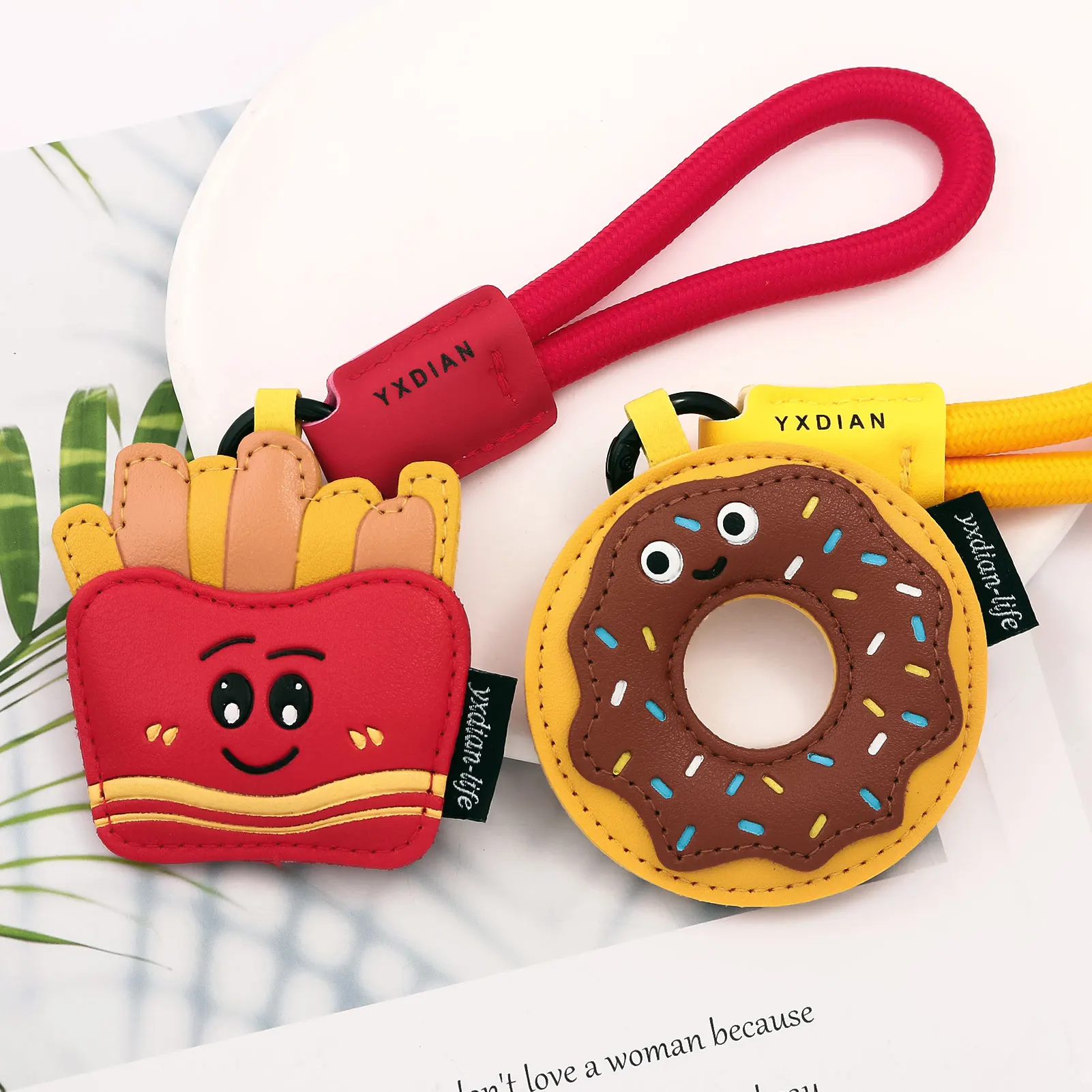 Cute Cartoon Leather Snack Keychain Burger Pizza Fries Donut Pendant Exquisite Couple Bag Charm Accessory Holiday Gift Unisex