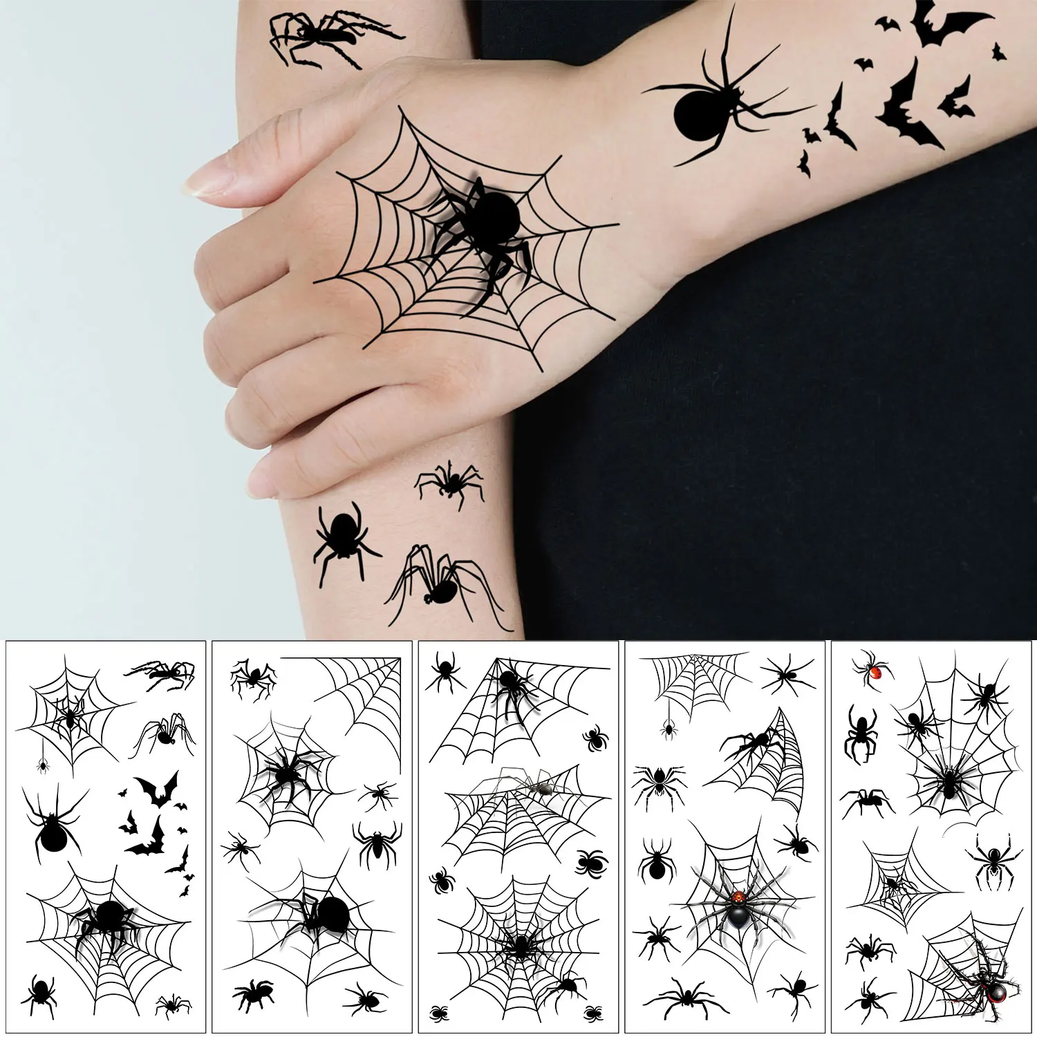 5 Sheets, Temporary Tattoo Stickers, Halloween Spider Series, 45 Black Spider and Spider Web Designs, Body Arm Art Fake Tattoo Stickers Suitable for Halloween Parties