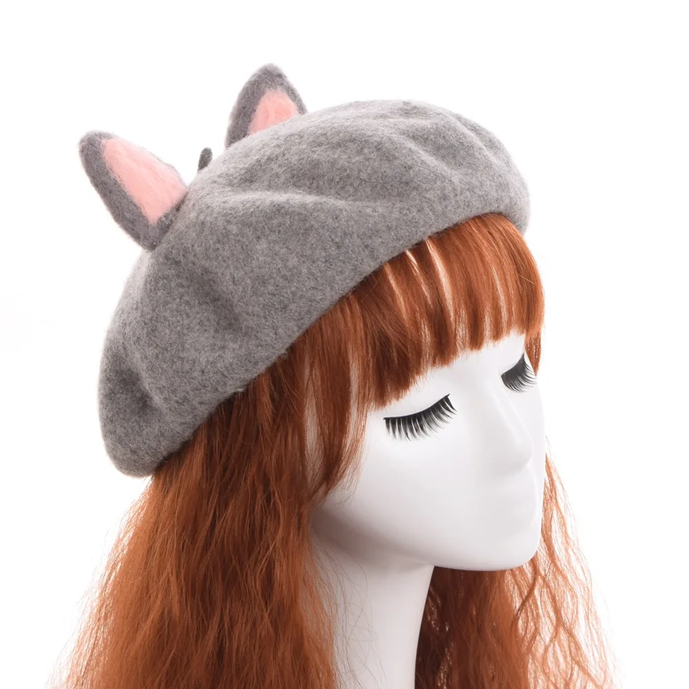 Cute Lolita Beret Handmade Pink Women Cat Ears Hat Woolen Beanie Cap