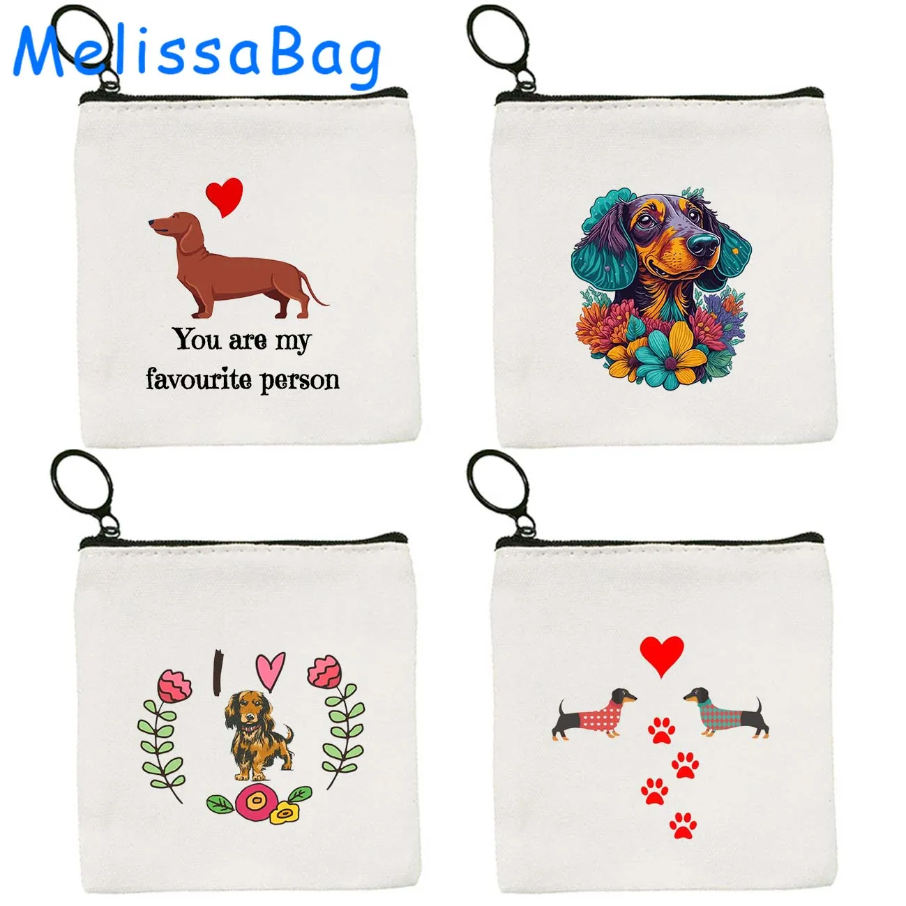 Cute Dachshund Puppy Dog Mom Floral Silhouette Cartoon Hippie Dog Lover Heart Gifts Canvas Coin Purse Key Case Bag Zipper Pouch