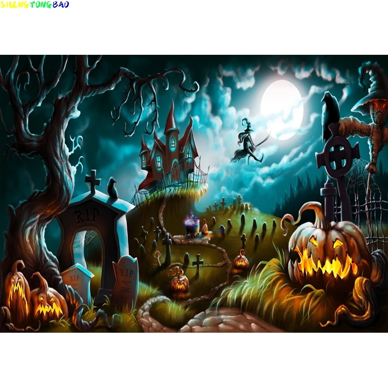 Halloween Backdrop Tombstone Castle Pumpkin Lantern Moon Baby Portrait Photography Background For Photo Studio Props 1911CXZM-57