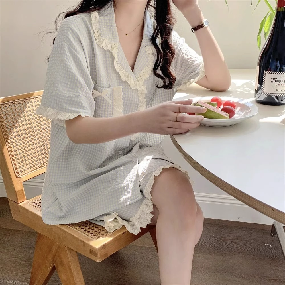 Flower Print Sleepwear Women Pajama Sets Korean Style Summer Piiama 2 Pieces Night Wears for Sleeping Student Cute Home Suit