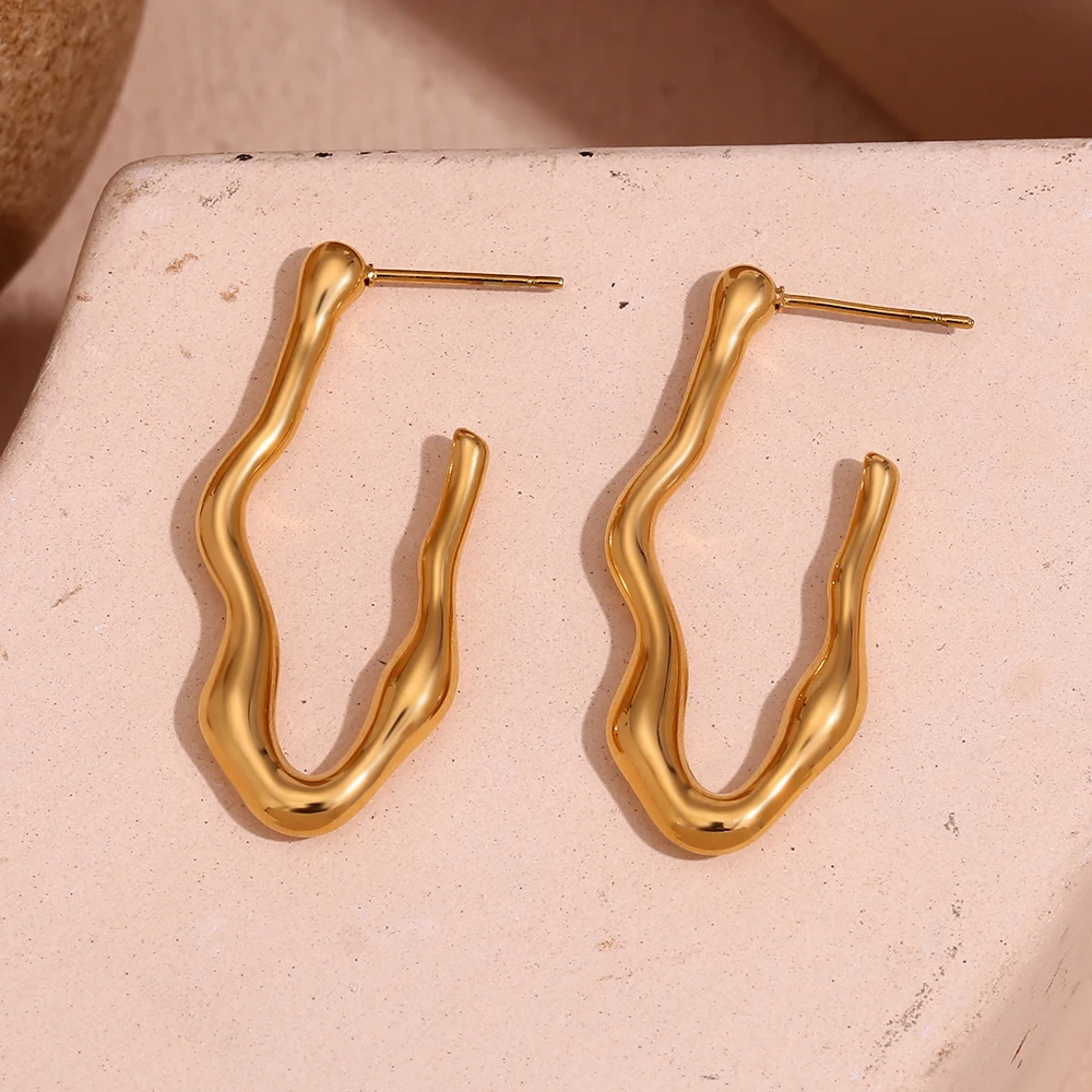 E.B.belle Wave V-shaped Drop Earrings Cool Tarnish Free 18K Gold Plated Gift Silver Color 316L Stainless Steel Decoration