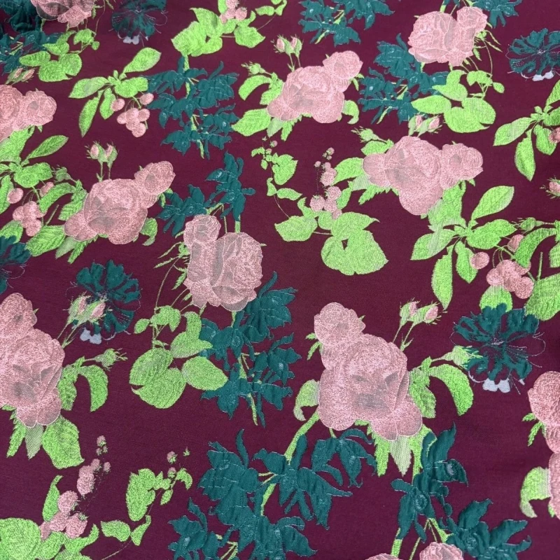 

Floral Jacquard Textile Premium Dress Material Embossed Wine Red Polyester Fabric for Cheongsam Bags Coats Fashion Supplies