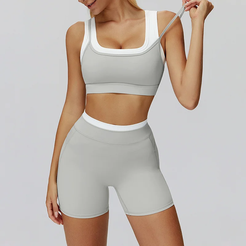 TRY TO BN Set di pantaloncini da yoga Tuta da donna Due pezzi finti Sport a costine Colore a contrasto Allenamento Corsa Fitness Abbigliamento da palestra