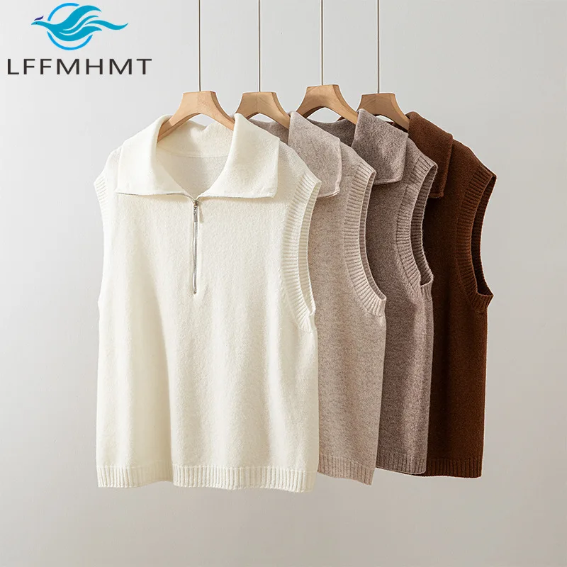 

Женский жилет из 100% шерсти на весну-осень, модный, с полуоткрытой молнией, без рукавов, однотонный, простой базовый вязаный топ