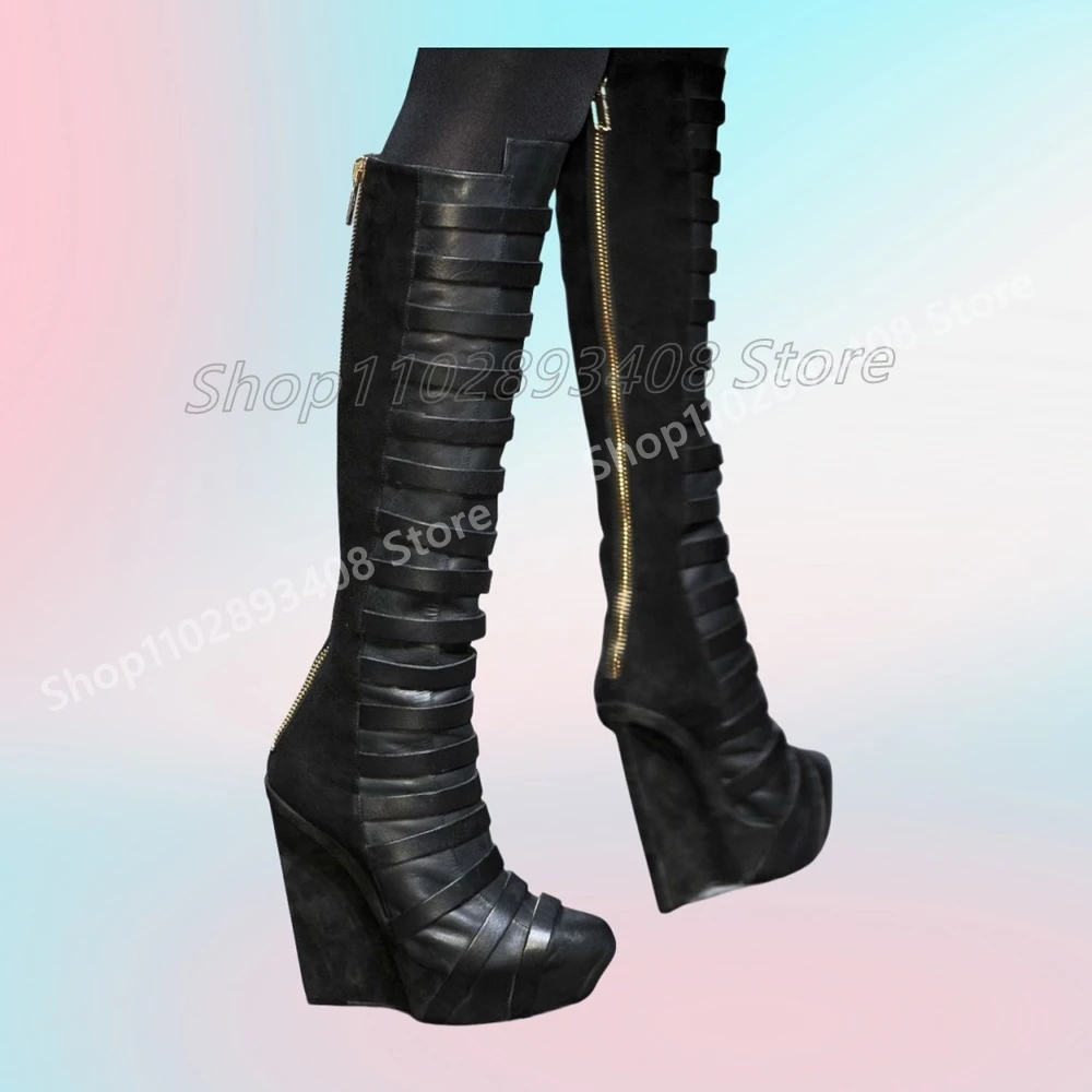 

Many Belts Strap Knee High Boots Back Zipper Black Matte Leather Wedges High Heel Fashion Women Shoes 2025 Hot Girls Para Mujere