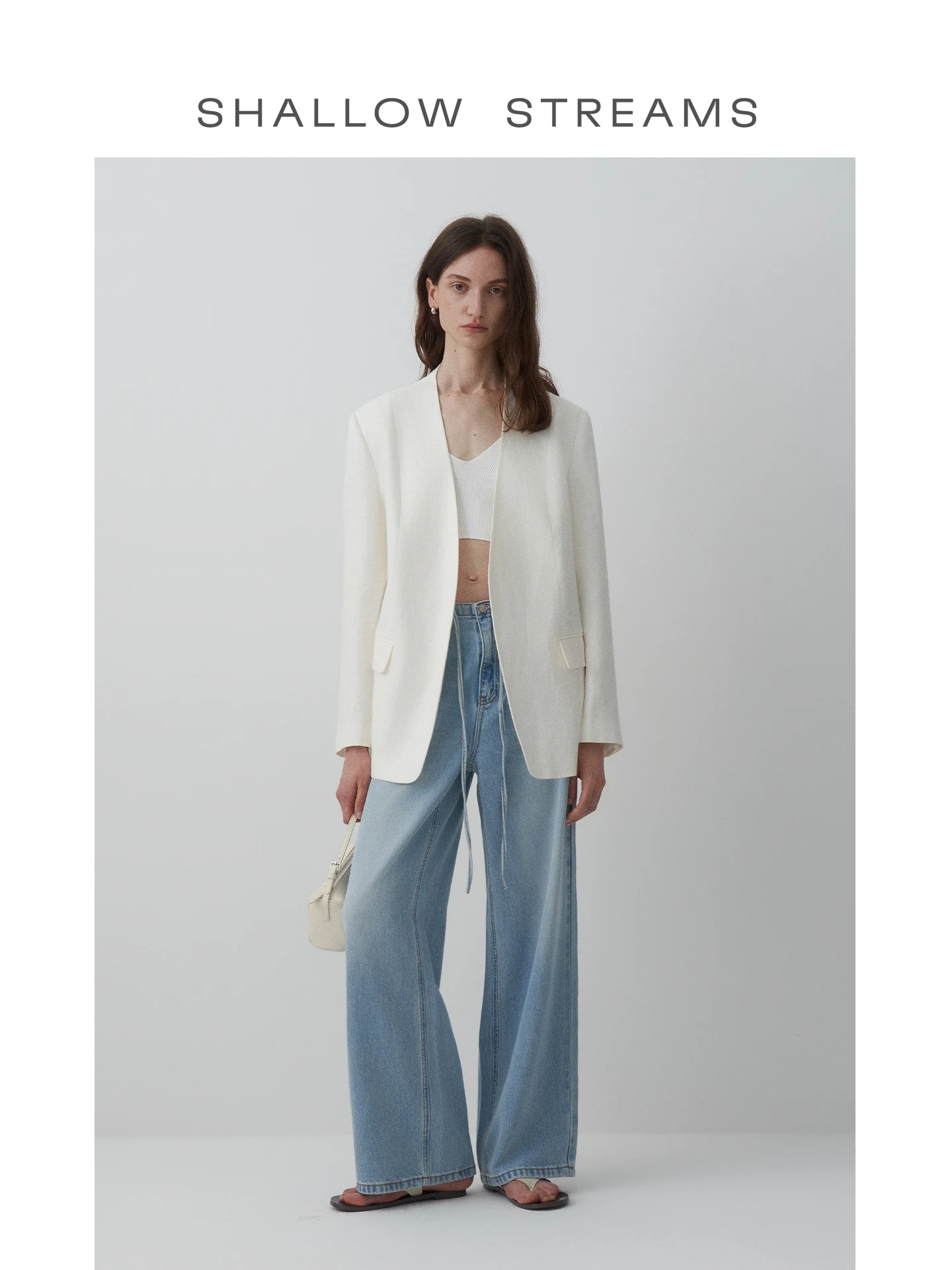 Shallow Streams 100% Linen White Suit Loose Shapeless Women's Fashion Outerwear V-neck Long Sleeve Spring Season Regular Fit