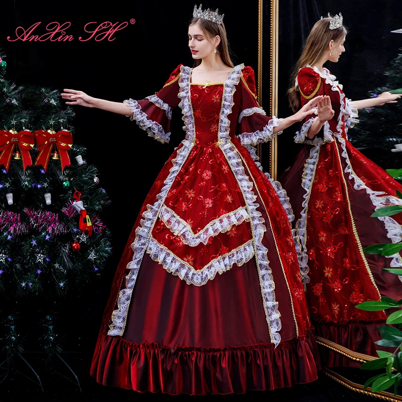 

AnXin SH vintage princess wine red flower white lace performance sweetheart half flare sleeve ball gown party Prom Dresses