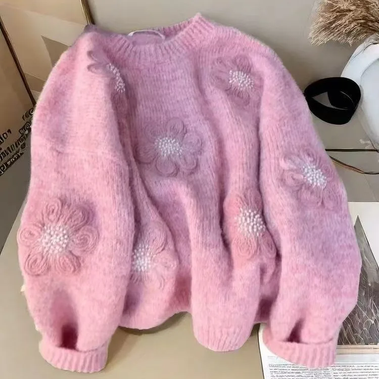 

Ladies Thi Heavy Embroidered 3D Flower Sweater Winter Outerwear Casual Sle High Quali Faionable Women's Knitwear