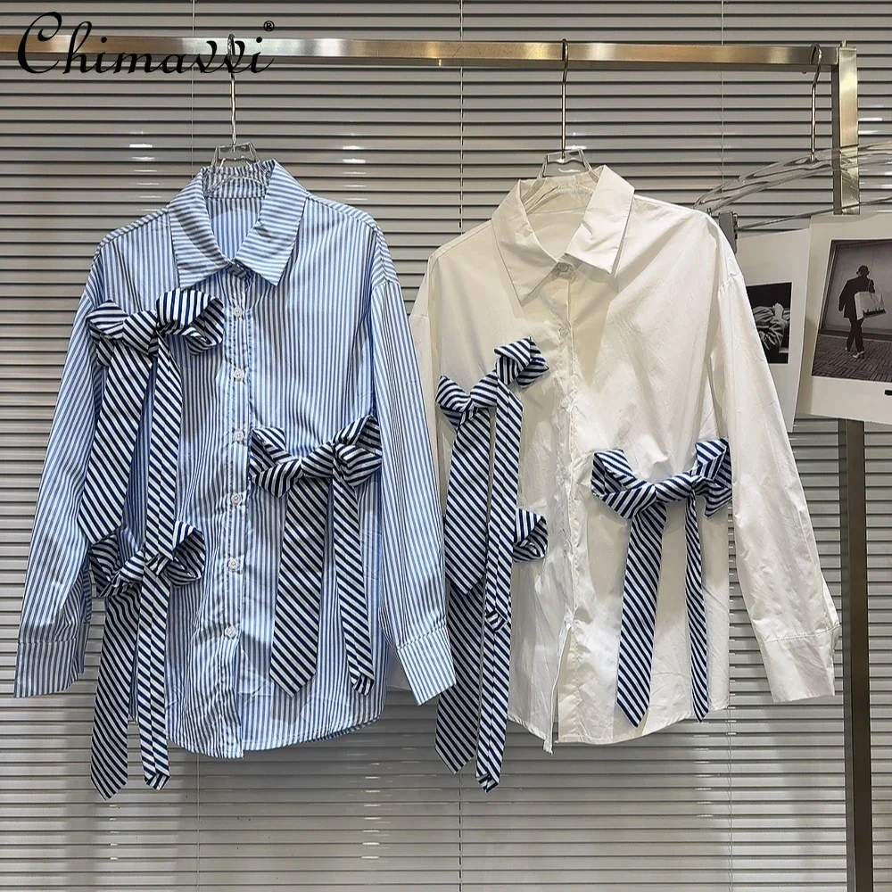 

2024 Autumn Clothes New Fashion Striped Bow Strap Design Sweet Casual Shirts Blouse Long Sleeve Loose Womens Tops Camisas