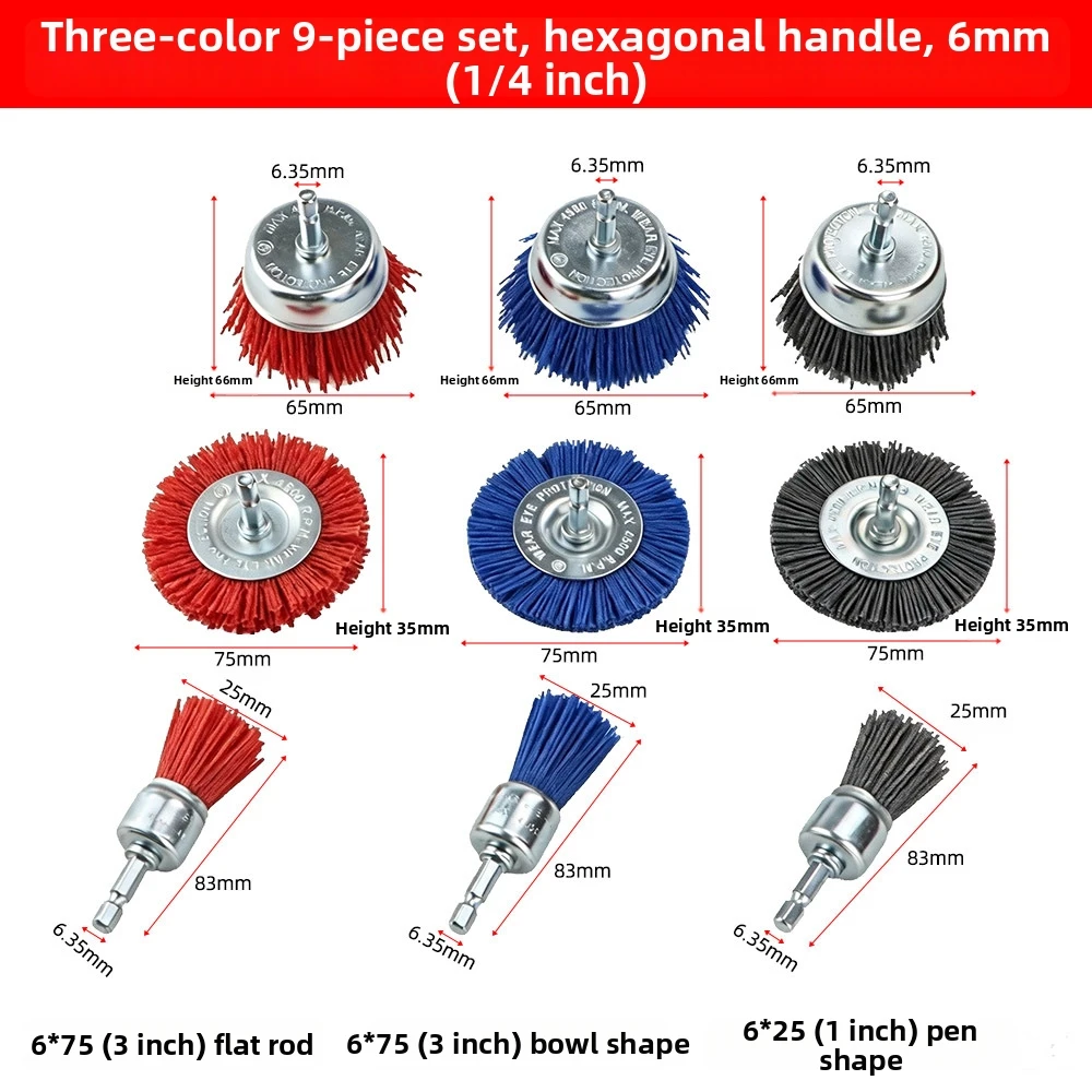9 Piece Abrasive Nylon Brush Set for For polishing Rust Removal Wood Carving Metal Cleaning with Hexagonal 6mm Shank
