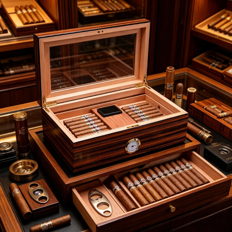 Cigar Humidor Can Store 30-50 Cigars Ring 29-57mm with Thermometer  Humidifier Born for Cigars