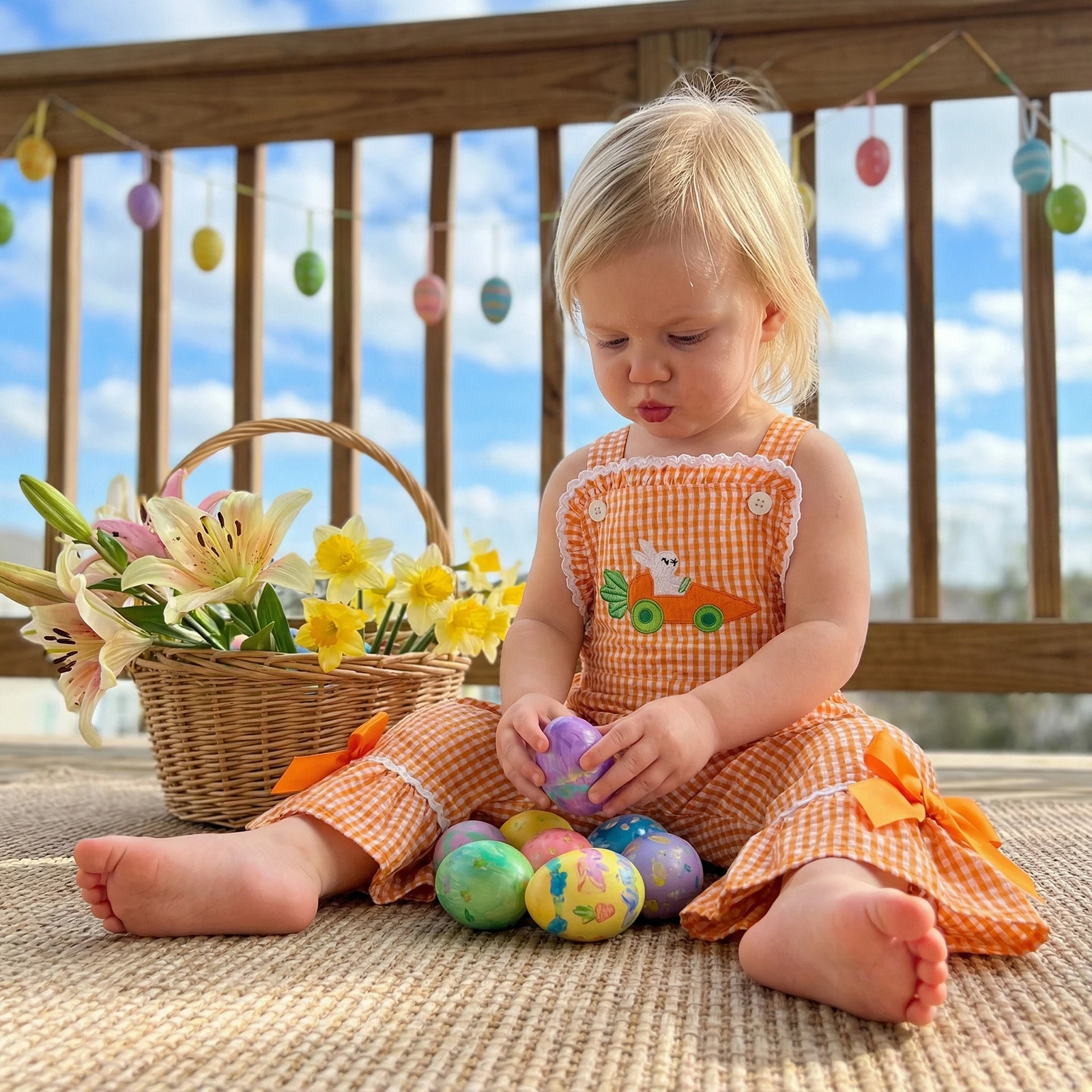 

Toddler Littler Girl Easter Overalls Bunny Sleeveless Flare Pants Jumpsuit Adorable Holiday Romper