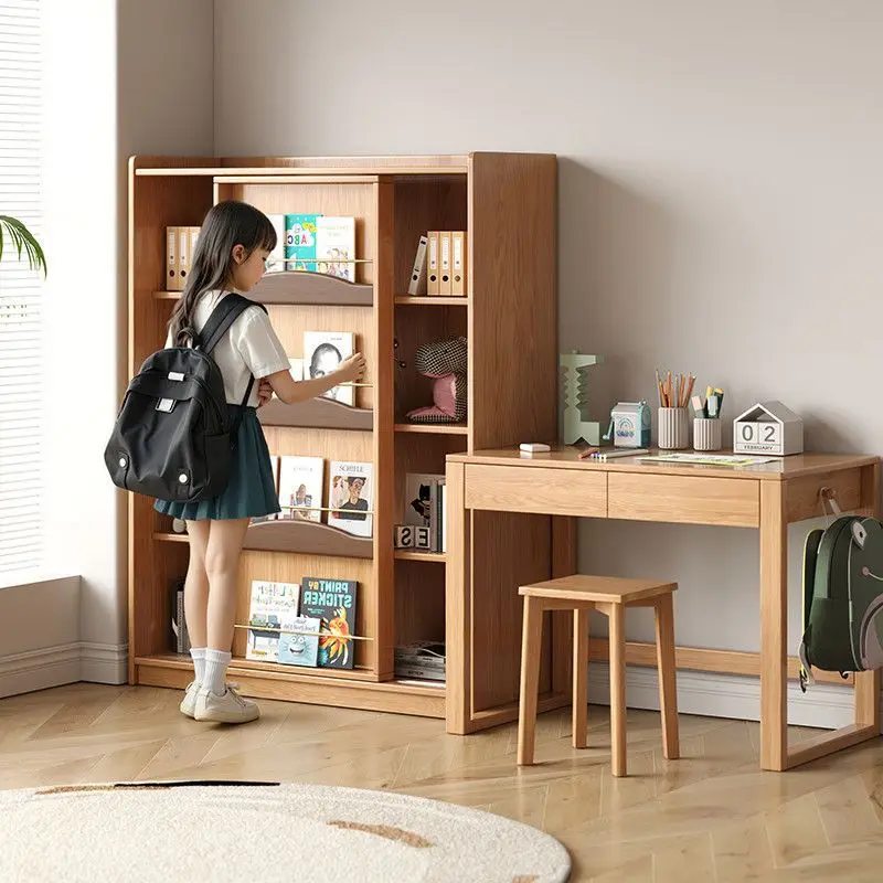 wood  children's bookcase floor-to-wall integrated combination study table room reading area book atmosphere explosion