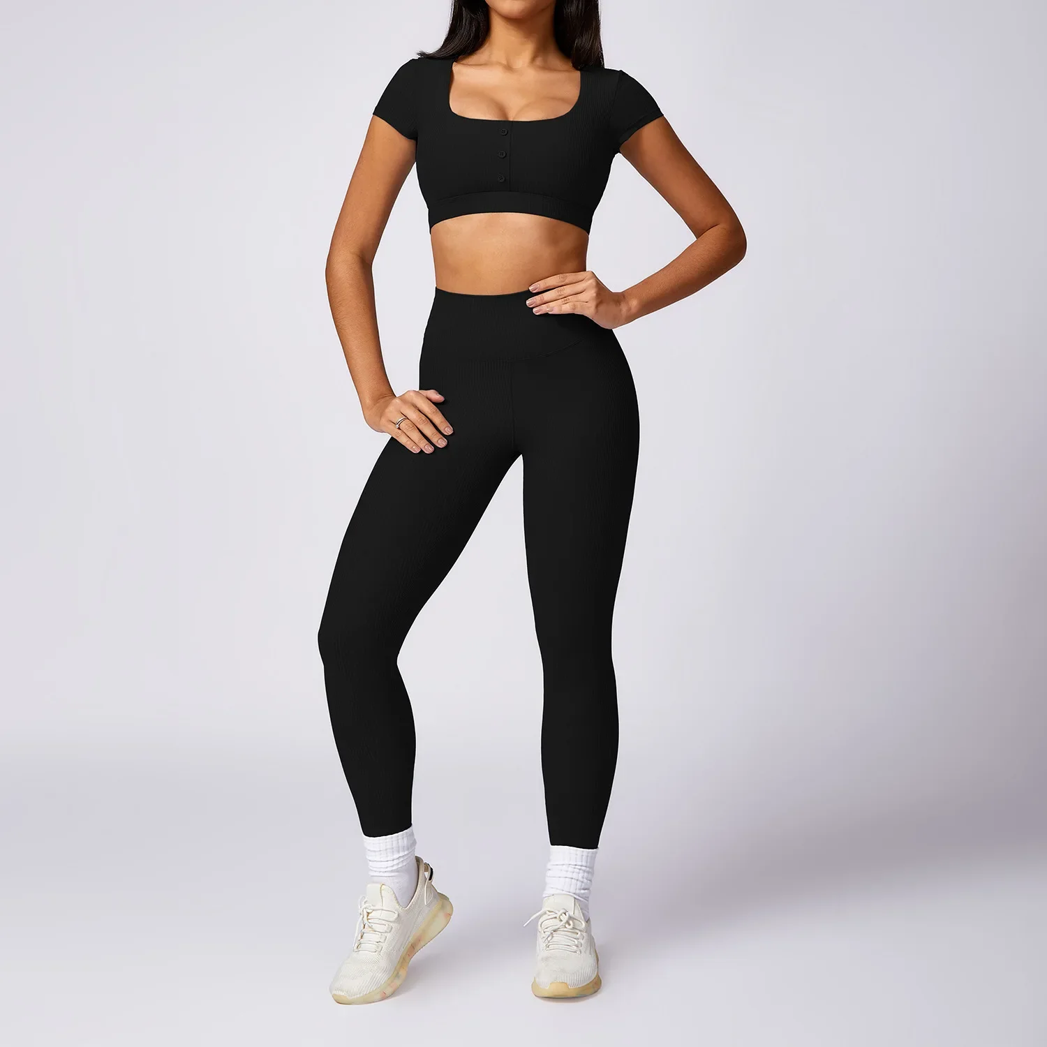 Yoga Set 2PCS Ribbed Women Sportswear Workout Clothes Athletic Wear Gym Legging Fitness Bra Crop Top Short Sleeved Sports Suits