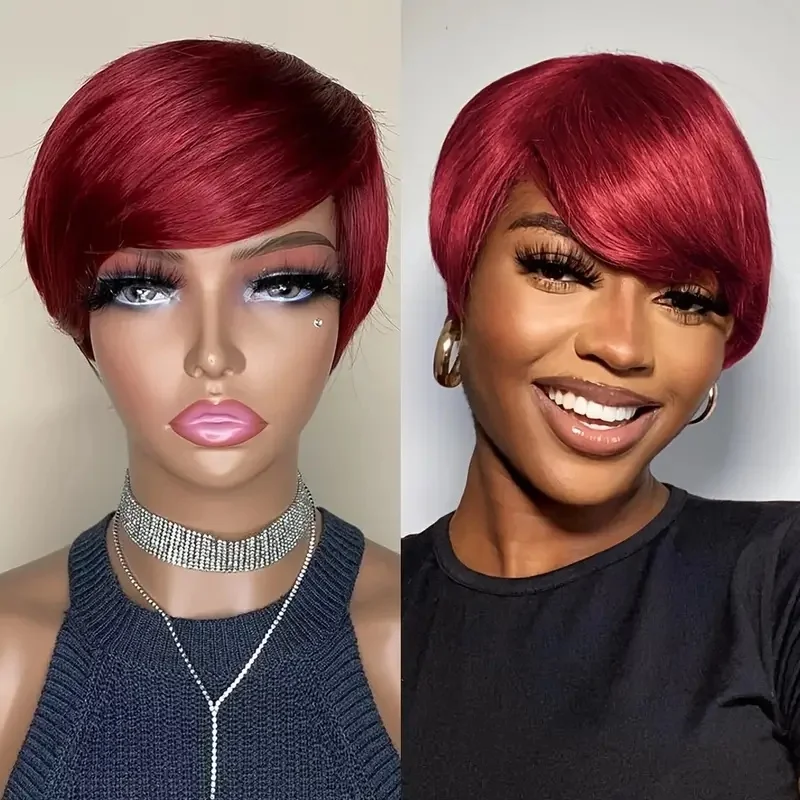 99J 짧은 인모 가발 픽시 컷 웨이브 가발 레이어드 풀 머신 메이드 여성용 가발