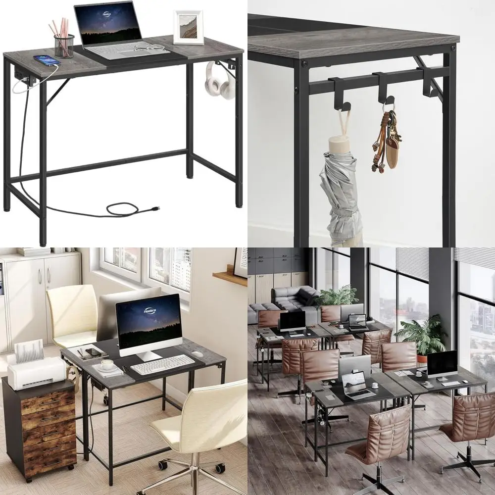 

Modern Home Office Desk with Power Outlet, 3 Hooks, Charcoal Gray & Black, Easy Assembly, BC41UDN01