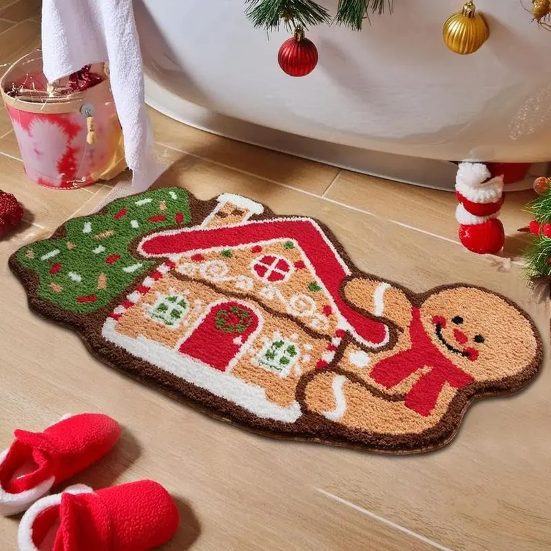 VIKAMA Gingerbread Man House Bath Mat Irregular Shape Soft Plush Non Slip Floor Mat For Bathroom Bedroom Holiday Home Decor