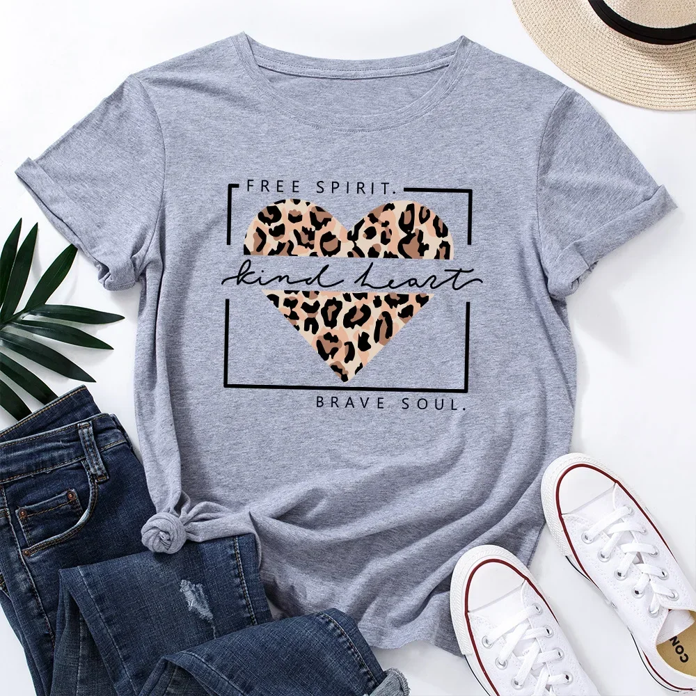 JFUNCY  Women's Tops Leopard Love Heart Print Tshirt Female Shirts Summer Casual Short Sleeve Basic Tee Cotton T-shirt