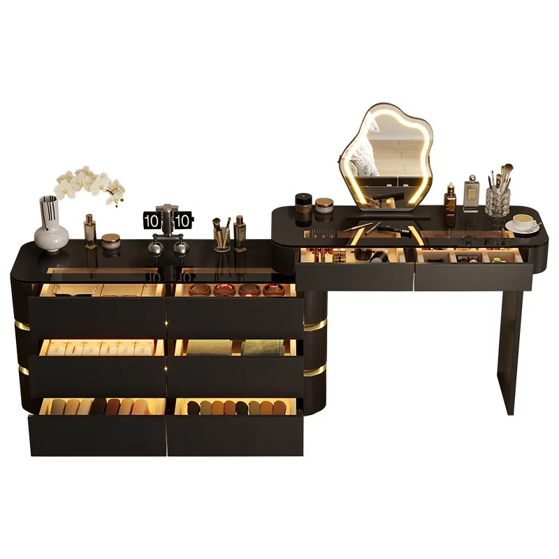 غرفة نوم من الخشب الصلب، بسيطة وحديثة، سرير رياح كريمي صغير، طاولة مكياج، صدر مدمج