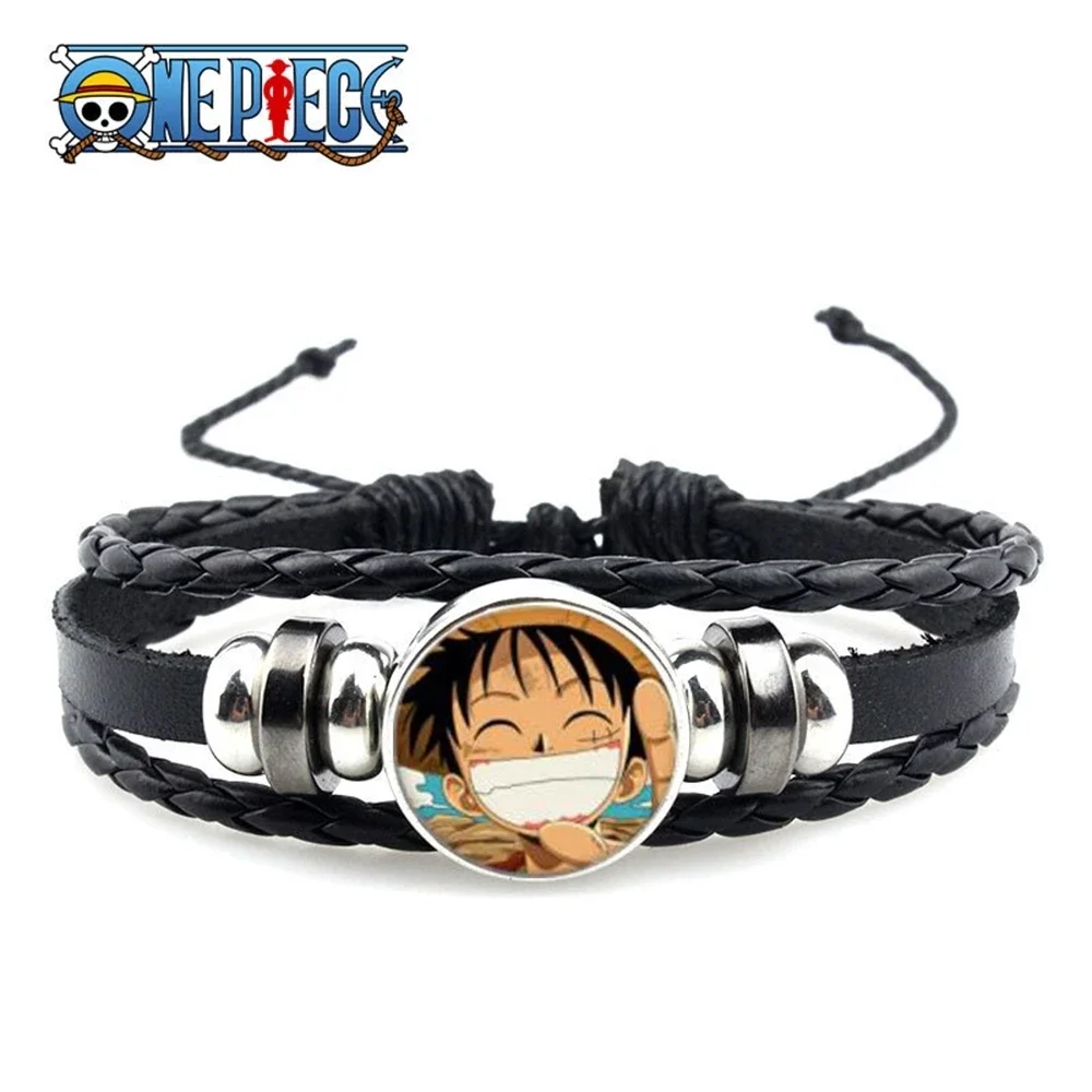 Anime One Piece Luffy Pirate Bracelet Cartoon Action Figure Toy Straw Hat Punk Black Leather Braided Bracelet Cosplay Accessorie