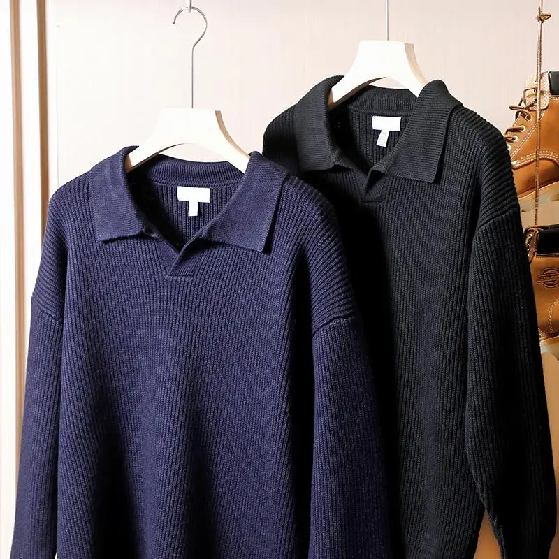 

Thiened Camere Blend Knitted Sweater for Men Casual Faion Ci Sle Long Sve Turn-down Collar Loose Fit Autumn Winter