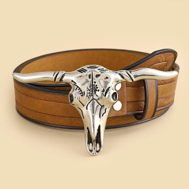 Ceinture de taille de style ethnique pour homme avec tête de taureau stéréo, ceinture de cowboy avec structure réglable, ceintures assorties pour robes et manteaux