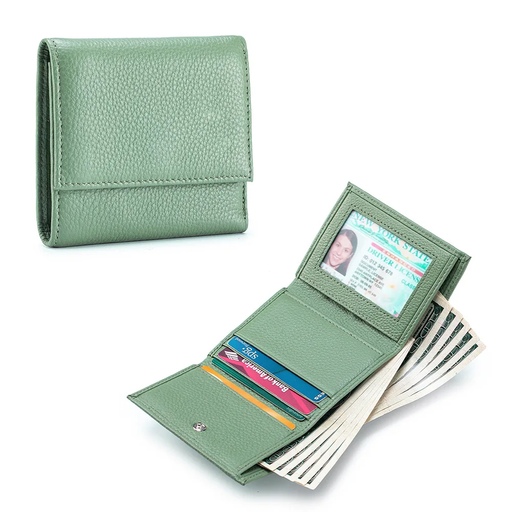 Genuine Leather Trifold Wallet with ID Window Women's Slim Short Purse , Japanese Style Thin Wallet, Ladies Credit Card Holder