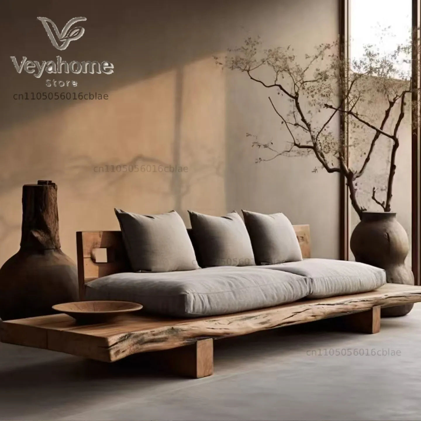 Wabi Sandy Wind Solid Wood Sofa B & B Hotel Log Customization High-end Minimalist Straight Row Lobby Ancient Bed Zen Furniture