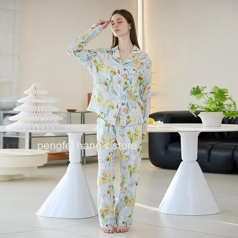 Women Spring Summer Pure Cotton Double Gauze Pajama Set Cardigan Long Sleeve Long Pants Thin Loungewear Homewear Suit