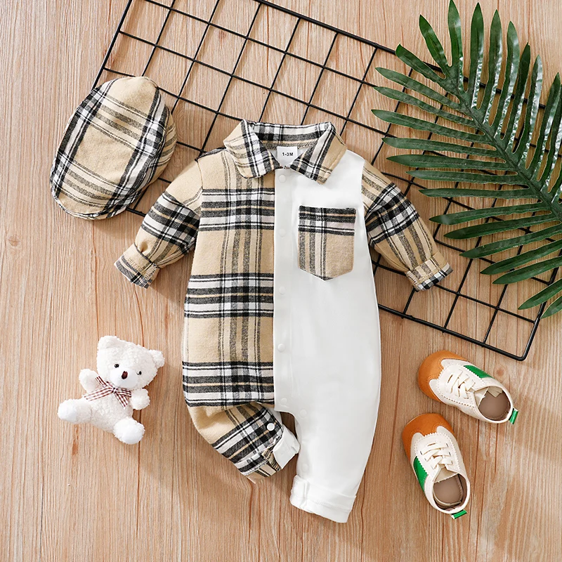 Newborn Clothes Casual Checkered Comfortable Boy And Girl Spring And Autumn Long Sleeved Baby Jumpsuit+Hat Two-Piece Set