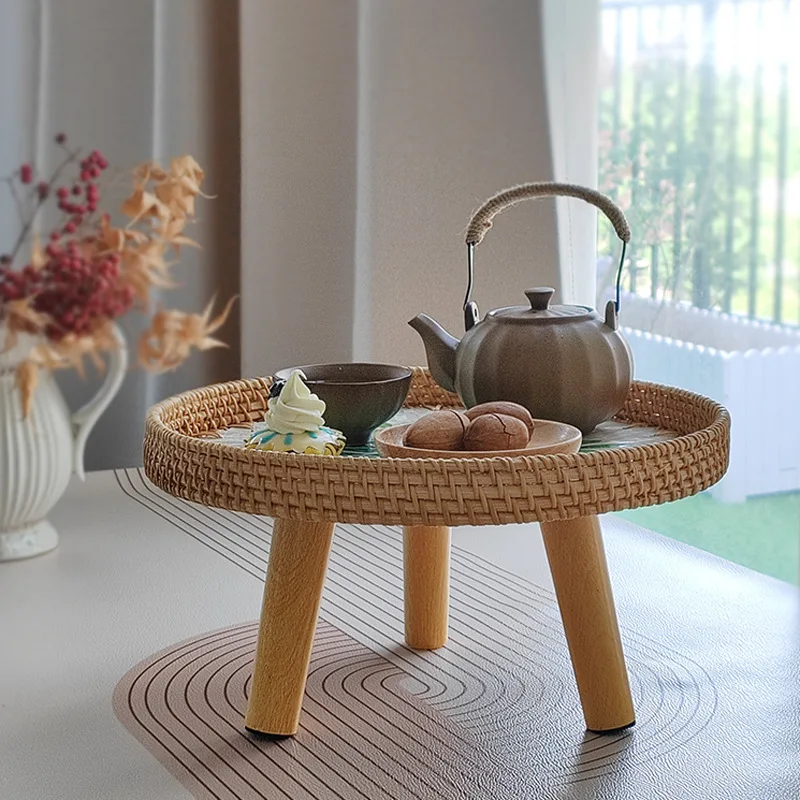 Round Rattan Side Table with 3 Wood Legs Mother of Pearl Inlay Coffee End Table Tatami Side Table for Home Decor