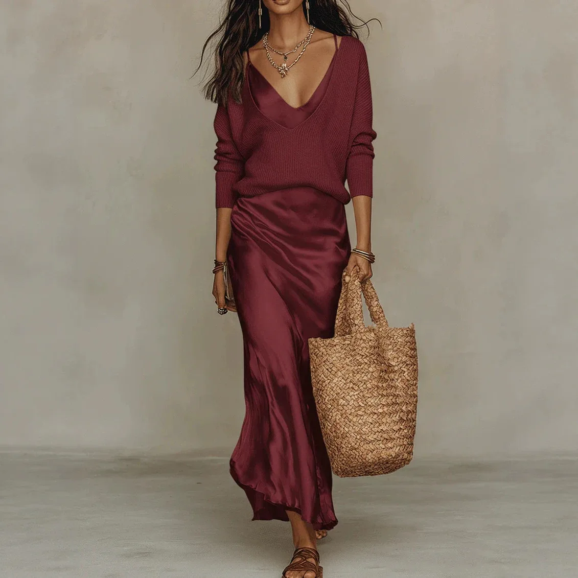 Elegant Ladies 2 Piece Matching Set V Neck Knit Pullover Satin Slip Long Dress Office Casual Outfit view 6