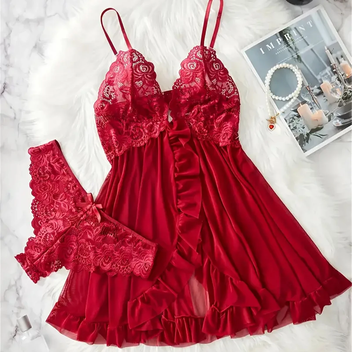 Elegante Transparente Rote Sexy Dessous frauen Unterwäsche Durchsichtig Nachtwäsche Spitze Nachthemd Panty Pijamas Sets Weibliche Babydoll