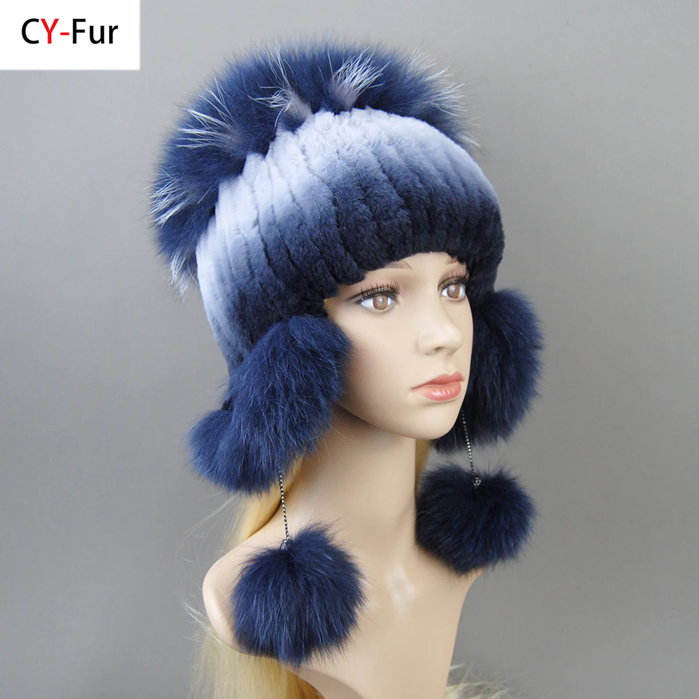 Elastic Knitted Rex Rabbit Fur Beanies Handmade Real Fur Hat with Fox Fur Ears Genuine Fur Snow Cap Bonnets for Women Designer