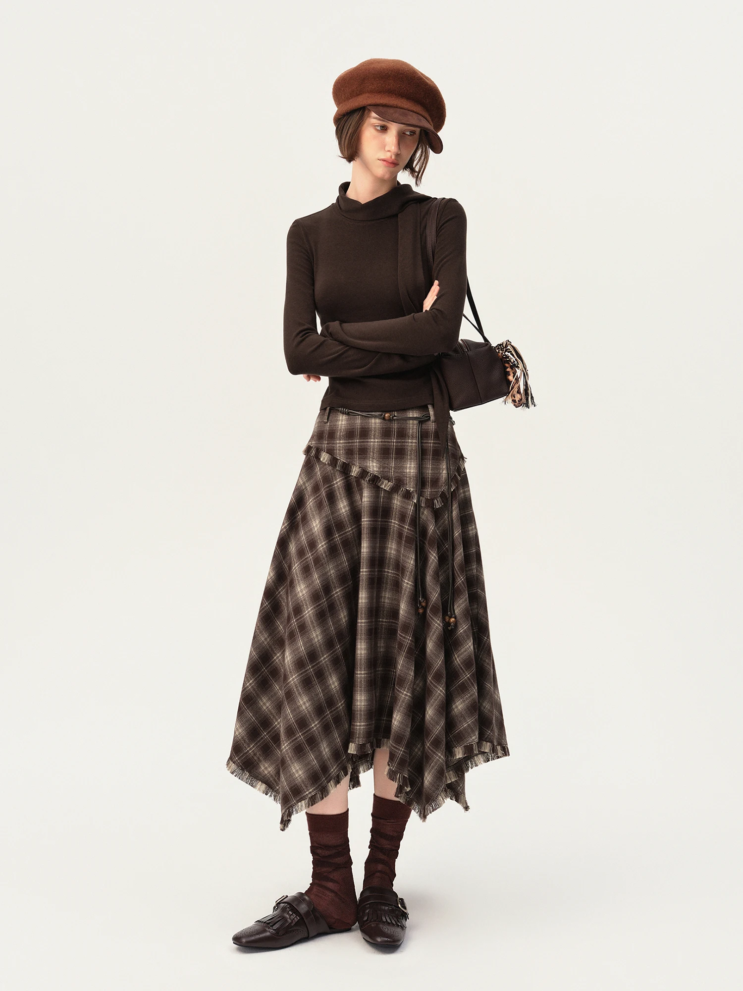 ZIQIAO Women Vintage Nomadic Diagonal Seam Plaid Long Skirt Asymmetric Irregular Hem High Waist Bohemian Half Skirt Warm Trendy