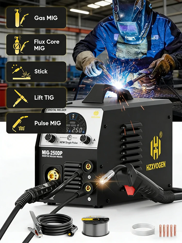 HZXVOGEN MIG250DP Aluminium-Schweißgerät 5-in-1 Stick ARC MMA/Flussmittel-MIG/Gas-MIG/Lift-TIG/Single-Pulse IGBT-Inverter Halbautomatische Schweißmaschine mit LED-Bildschirm für E71T-GS 0,8/0,9/1,0 mm