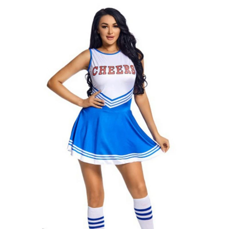 Women Cheerleading Uniform Sleeveless Dance Costume Adults Cheerleader Outfit Round Neckline Letter Print Dress Flower And Socks