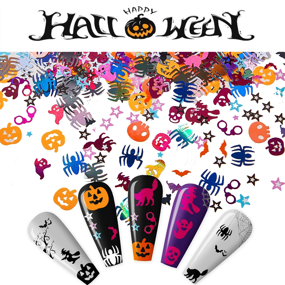 PrettyG 1 Set 12Color Box Halloween Shape Mixes Glitter Bulk Bat Spiders Pumpkin Witch Sequins For Resin DIY Nail Art Decoration