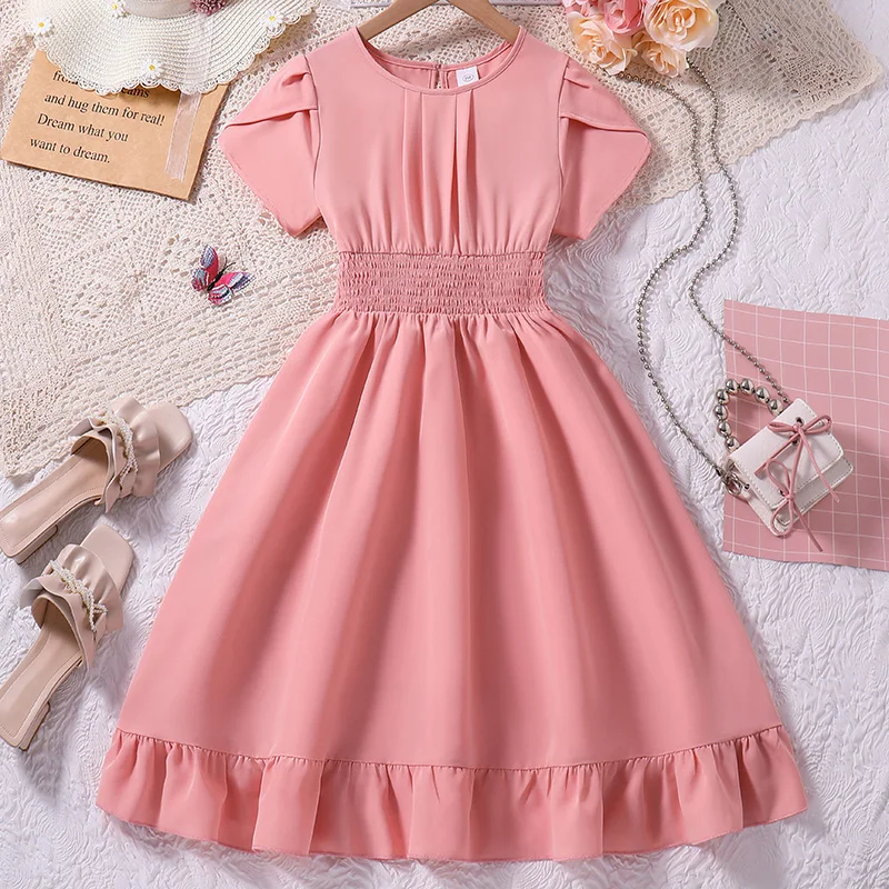 8-12Ys Pink Short-Sleeved Dress Kids Girls Round Neck Fashion Grace Cute Sweet Vacation Party Daily Casual Princess Dress