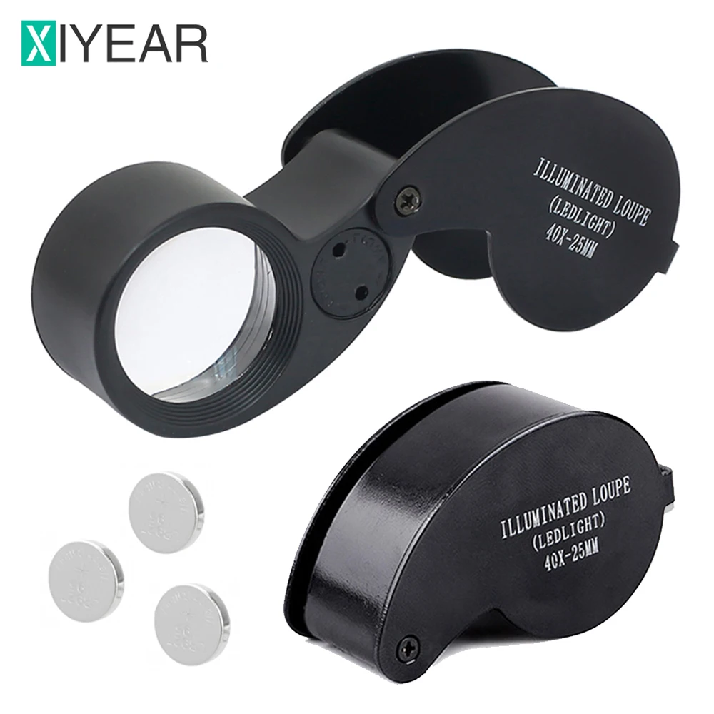 40X Illuminated Jewelry Magnifying Glass 2 LED Foldable Magnifier Lens Diameter 25mm Pocket Loupe For Jade Appreciation