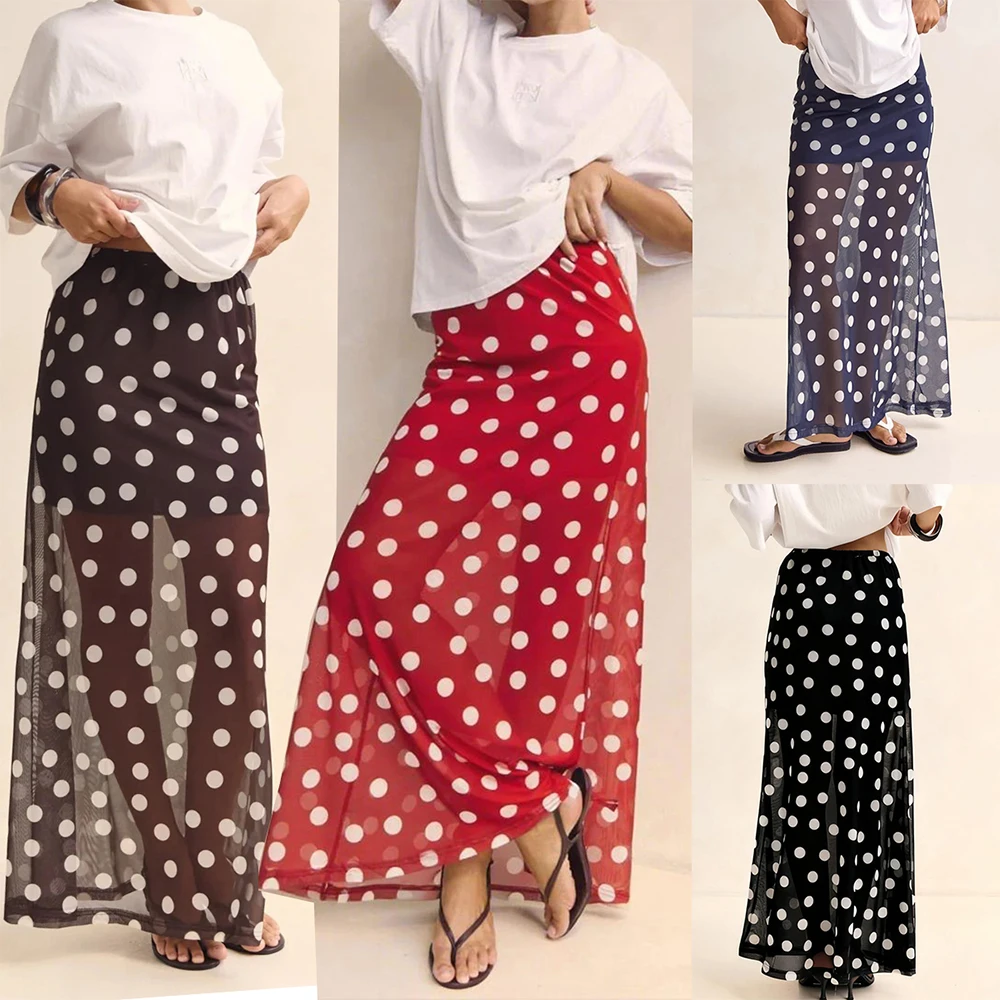 

Женские макси-юбки в горошек в стиле ретро y2k Кокетка с высокой талией Прозрачные многослойные длинные юбки трапециевидной формы Праздничная уличная одежда