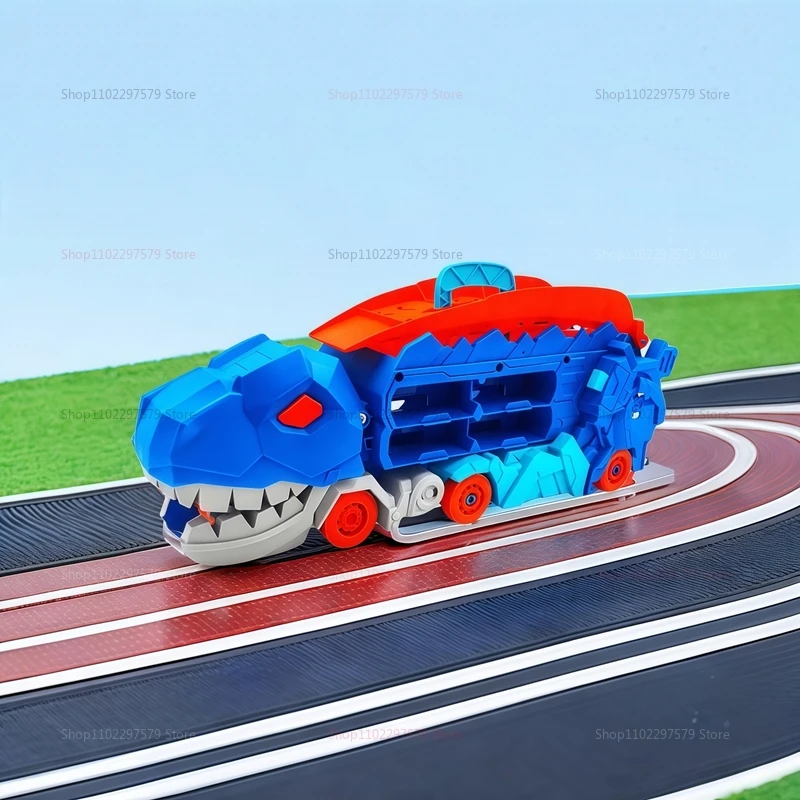 Dinosaur Transformed Dinosaur with Foldable Sliding Race Track Toy with 4 Diecast into Standing T-rex Racing Cars for Kids Gifts