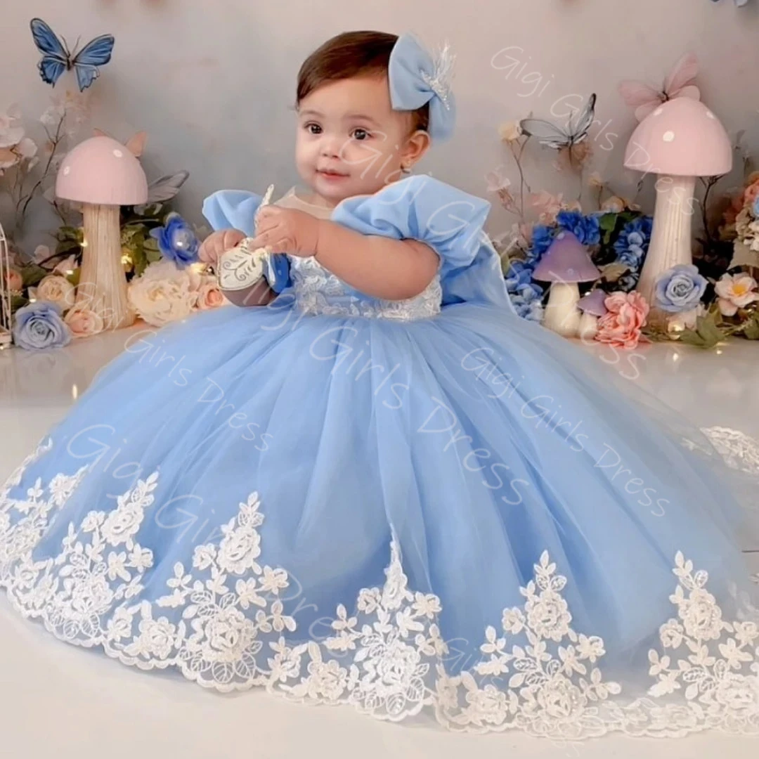 Customized Girls Birthday Dress Sheer Neck Puff Sleeves Ball Gown White Appliqued Tulle Flower Girl Dress Wedding Party Frock