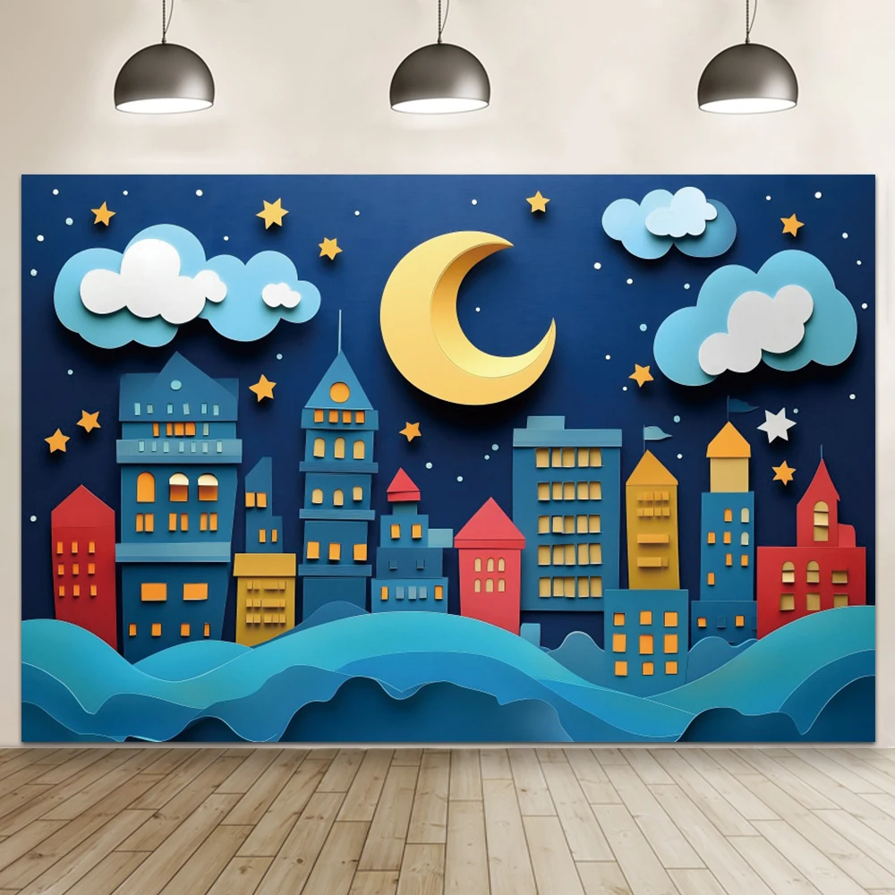 Rocket Launch Space Planet Cartoon Photography Background Cosmic Starry Night Baby Sleep Dream Moon Boy Birthday Photo Backdrop