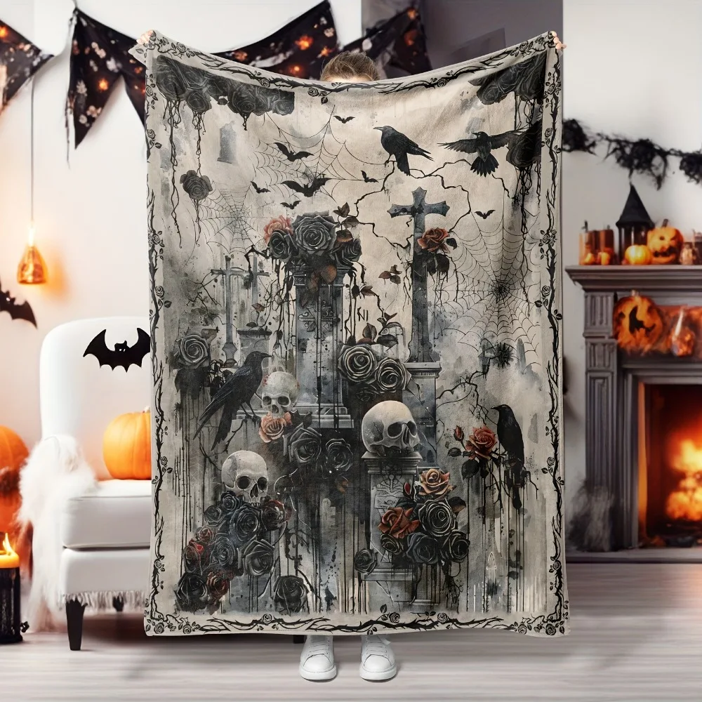 

1pc Happy Halloween Blanket Gothic Style Grey Skull Rose Cross Print Warm Fluffy Flannel Blanket for Home Living Room Decoration