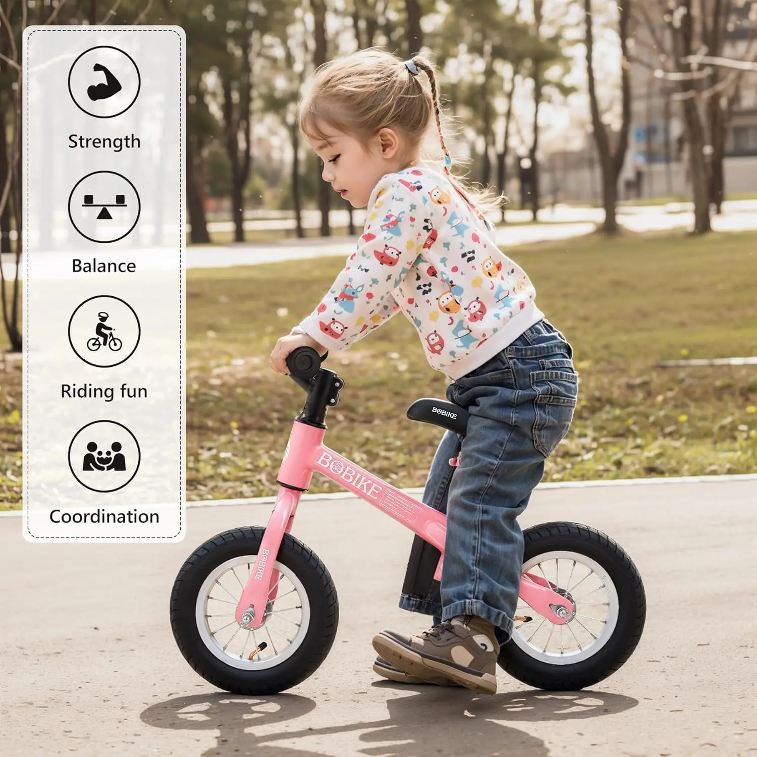 Criança equilíbrio bicicleta com pneus de borracha infláveis, crianças empurrar bicicleta brinquedos, 18 meses a 4 anos meninos e meninas ajustáveis